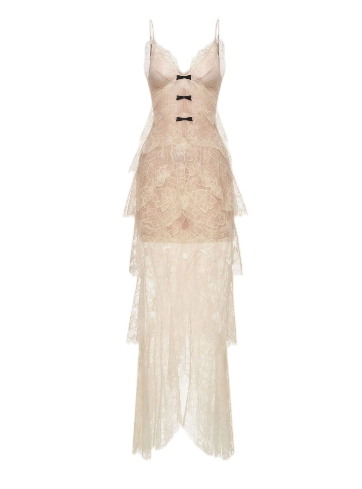 Evangeline Cream Layered Floral Lace Maxi Dress with Bow