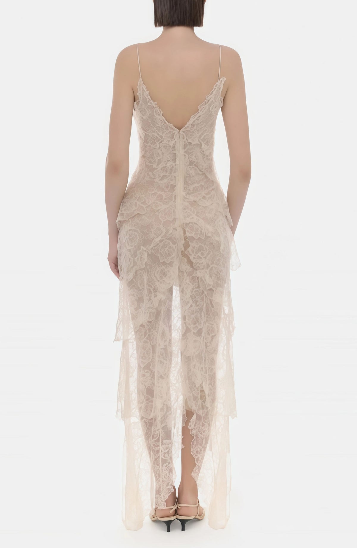 Evangeline Cream Layered Floral Lace Maxi Dress with Bow