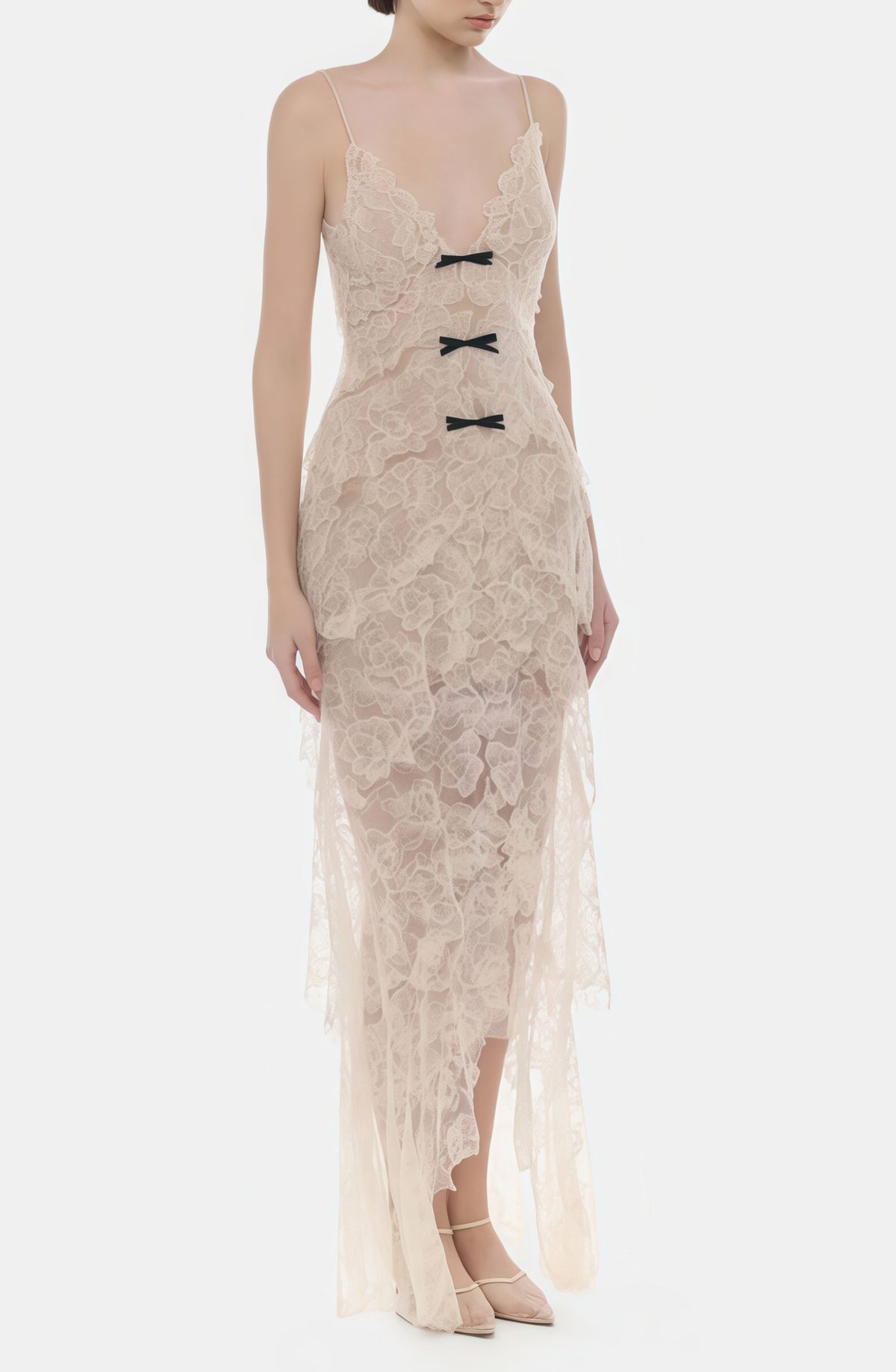 Evangeline Cream Layered Floral Lace Maxi Dress with Bow