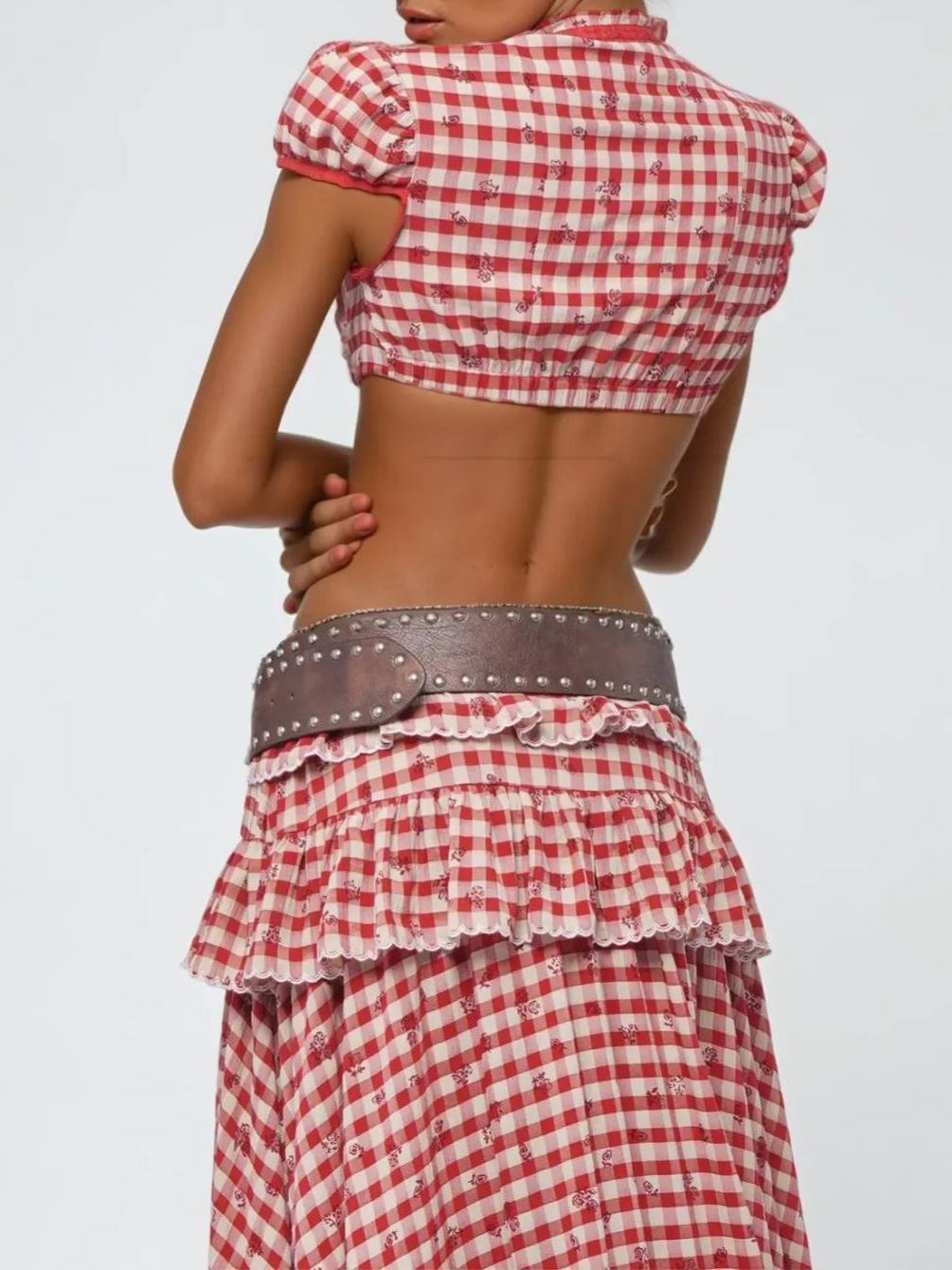 Heasther Grid Crop Skirt Set
