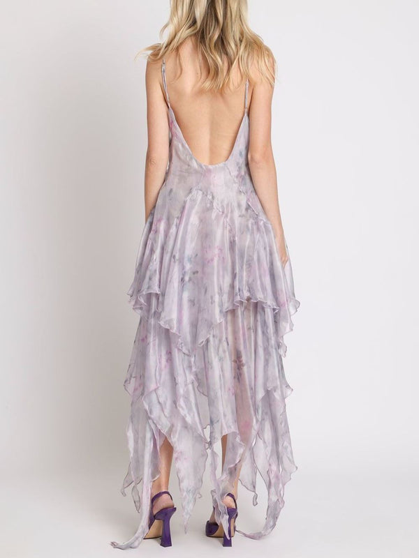 Lunetta Lace Trim Tiered Asymmetrical Hem Maxi Slip Dress