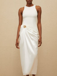 Floringc White Ruched Panel Midi Dress