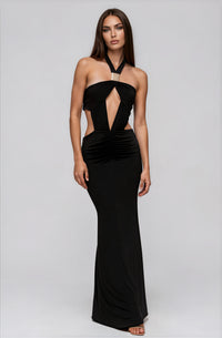 Flavie Black Halter-Neck Cut-Out Maxi Dress