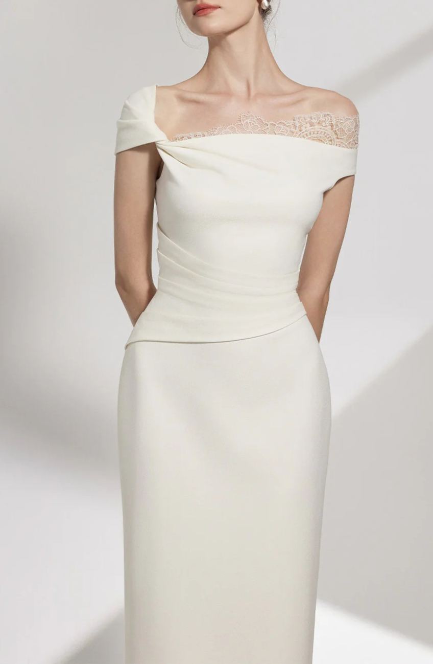 Rojolmo White One-Shoulder Midi Dress with Lace Panels