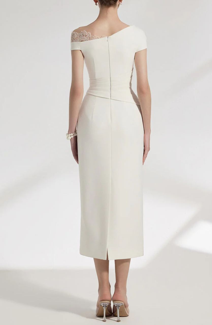 Rojolmo White One-Shoulder Midi Dress with Lace Panels