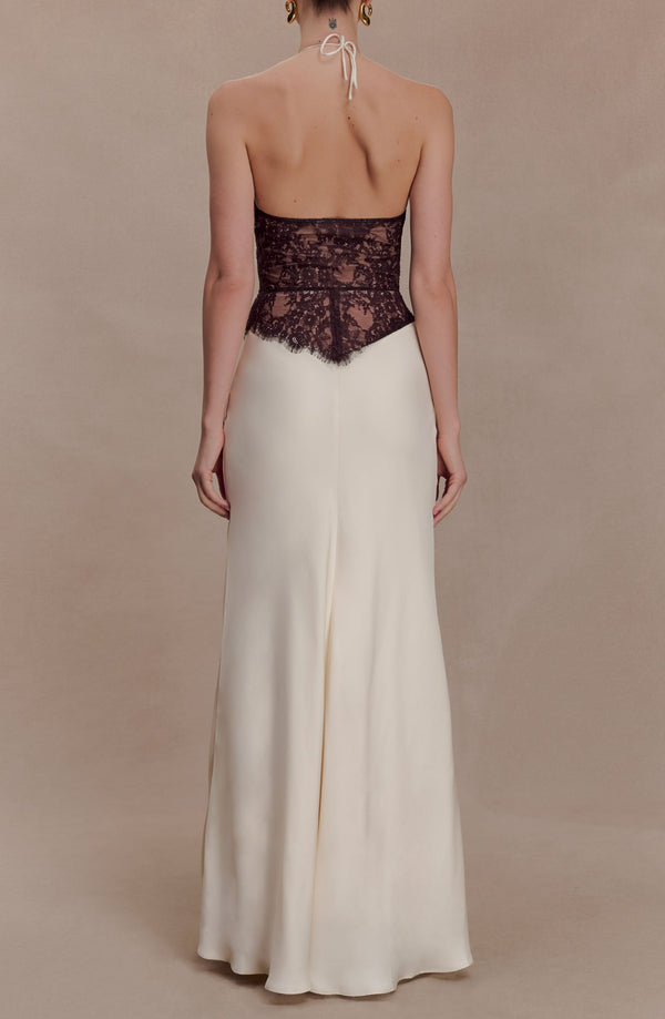 Bartholomaios Lace And Satin Halter Maxi Dress - Ivory/Chocolate
