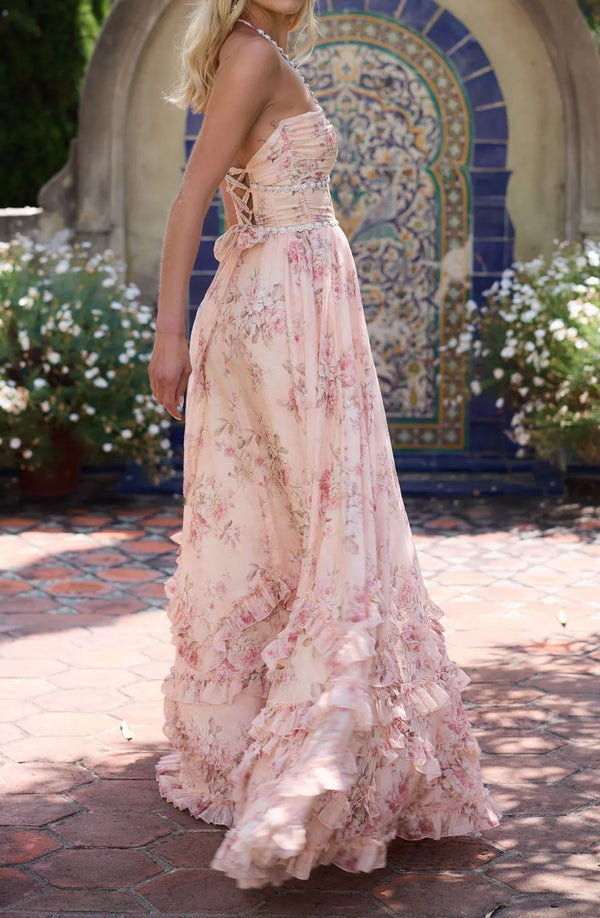 Jersohde Plunge Neck Floral Maxi Dress In Pink