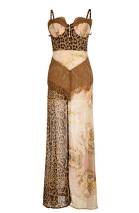 Buleycosmo Splicing Lace Split Leopard Print Maxi Dress