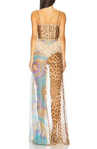 Pameniozo Splicing Lace Split Leopard Print Maxi Dress