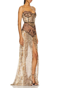 Buleycosmo Splicing Lace Split Leopard Print Maxi Dress