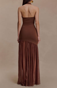 Fentho Jersey Splicing Mesh Halter Neck Cut-Out Maxi Dress