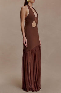 Fentho Jersey Splicing Mesh Halter Neck Cut-Out Maxi Dress