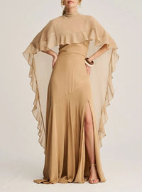 Voidsphere Champagne Satin Top & Skirt Set With Cape Detail