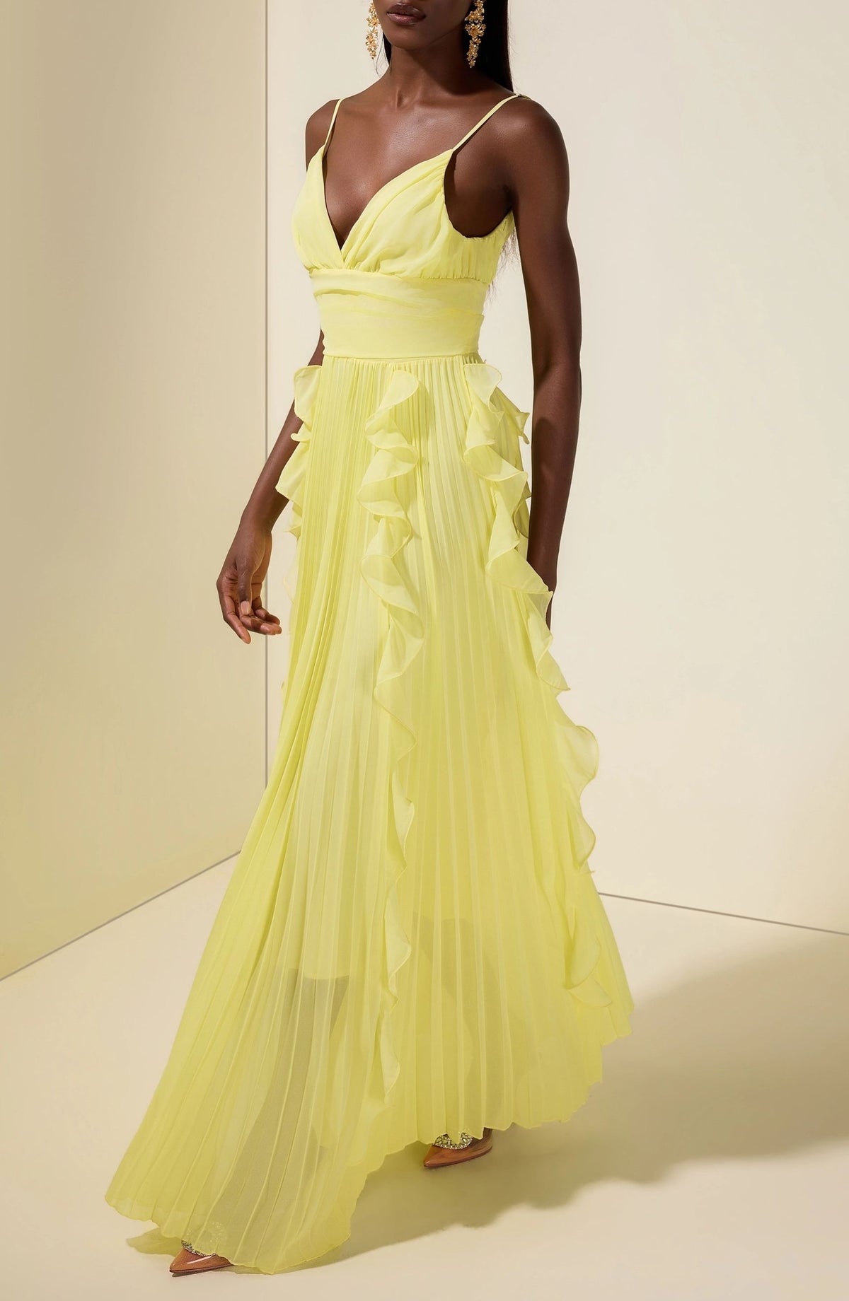 Eline Yellow Crinkled Ruffled Maxi Dress