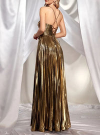 Juliette Halterneck Split Pleated Metallic Maxi Dress In Antique Gold