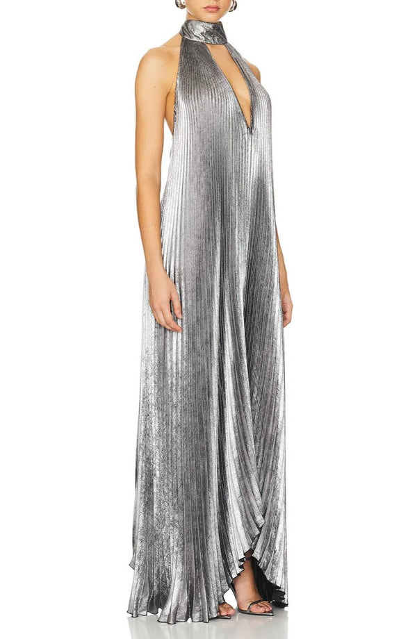 Irini Backless Metallic Pleated Maxi Dress