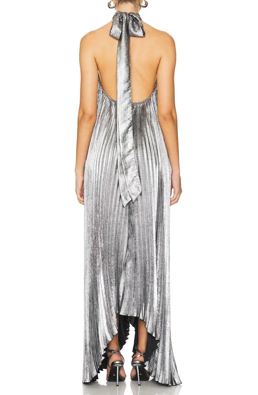 Irini Backless Metallic Pleated Maxi Dress