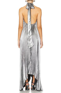 Irini Backless Metallic Pleated Maxi Dress