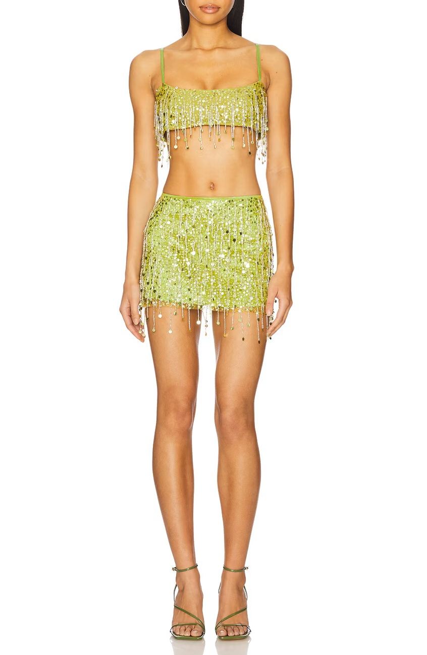 Christen Crystal Chain Fringe Split Skirt Set