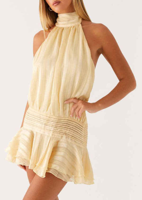 Tariqa Yellow Halterneck Pleated Chiffon Mini Dress