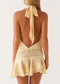 Tariqa Yellow Halterneck Pleated Chiffon Mini Dress