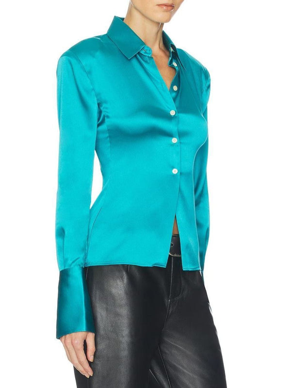 Cyrus Turquoise Satin Shoulder-Pad Fitted Shirt
