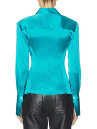 Cyrus Turquoise Satin Shoulder-Pad Fitted Shirt