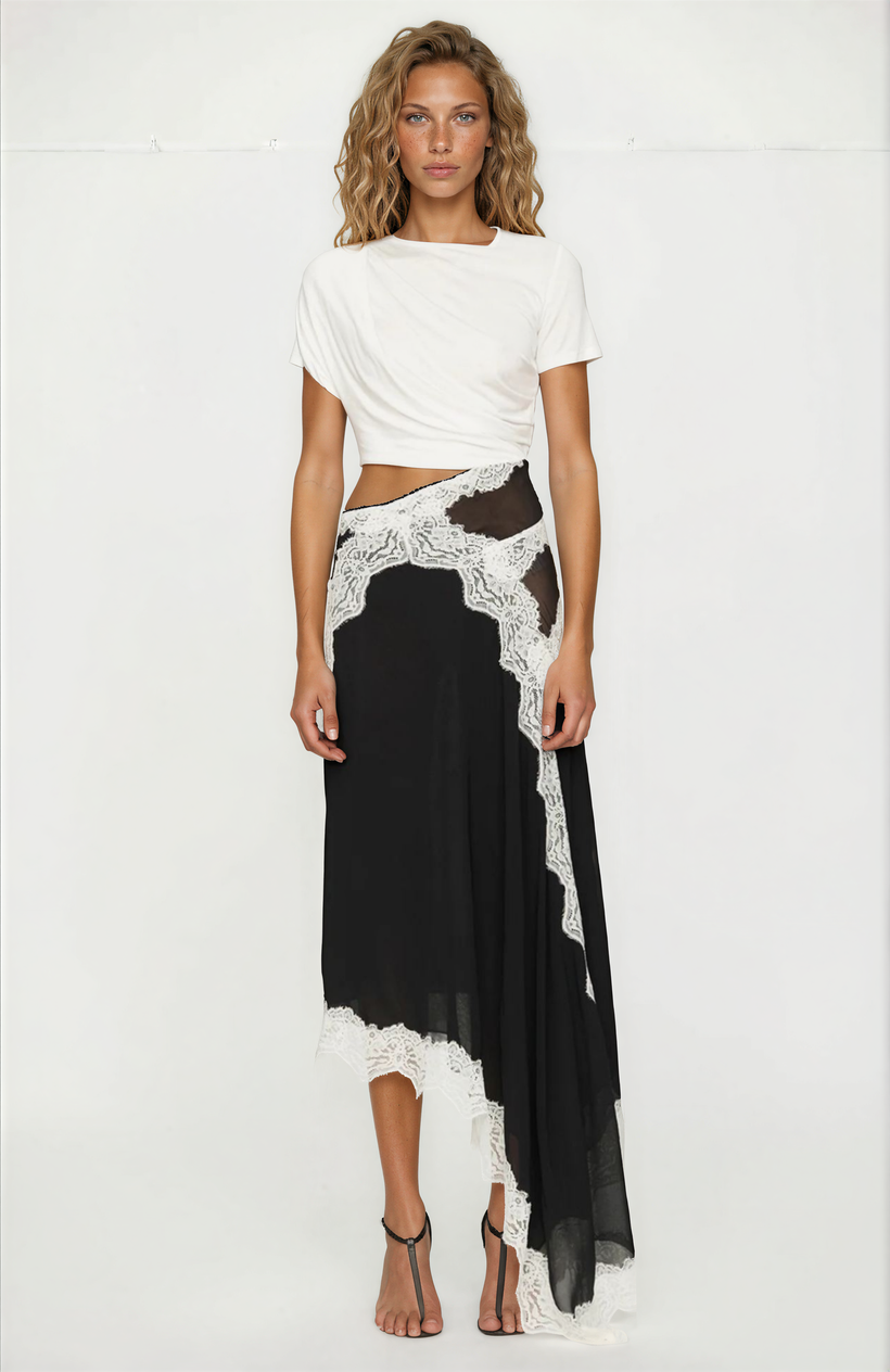 Fouzia Asymmetric Lace Satin Maxi Dress