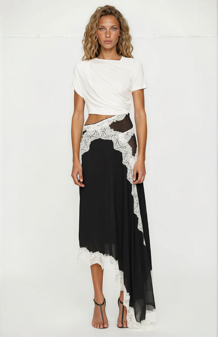 Fouzia Asymmetric Lace Satin Maxi Dress In Black