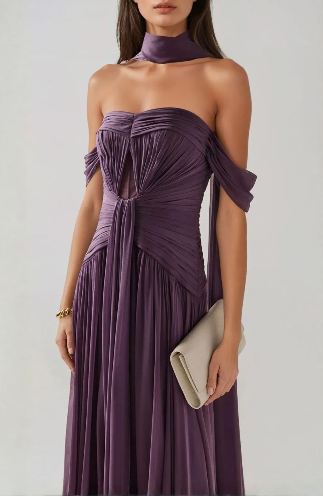 Amélie Off-Shoulder Ruch Scarf Maxi Dress In Purple