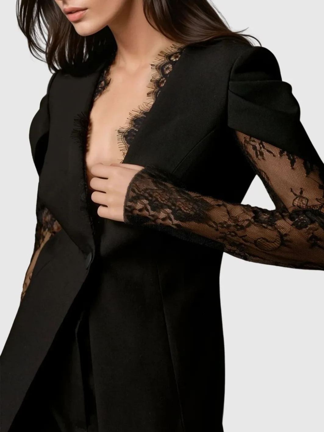 Luca Black Collarless Blazer with Lace Trim