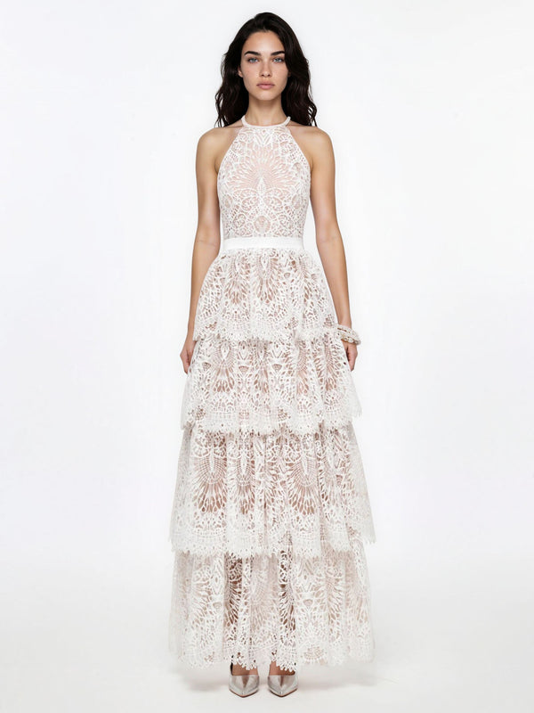 Irènie White Halterneck Lace Maxi Dress