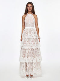 Irènie White Halterneck Lace Maxi Dress
