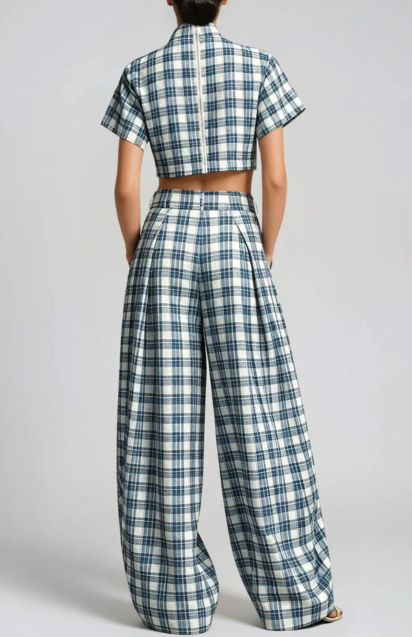 Samifed Plaid Crop Baggy Pants Set
