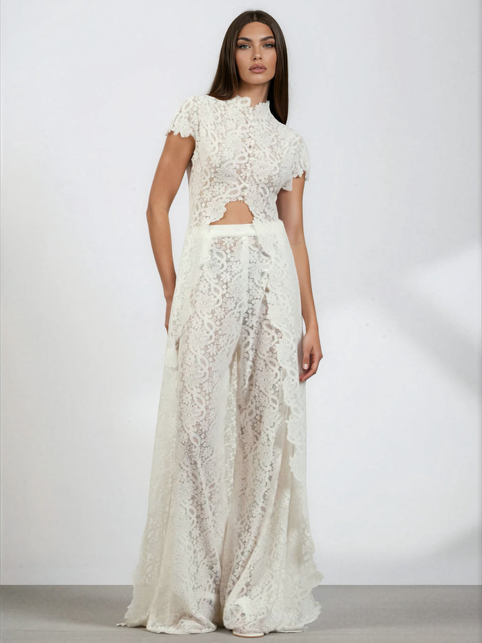 Leviah White Floral Lace Top & Trousers Set