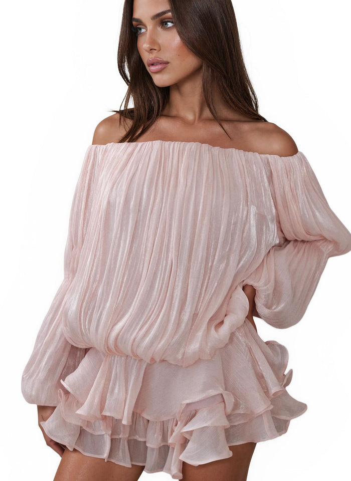 Feridun Pink Glossy Pleated Tiered Mini Dress