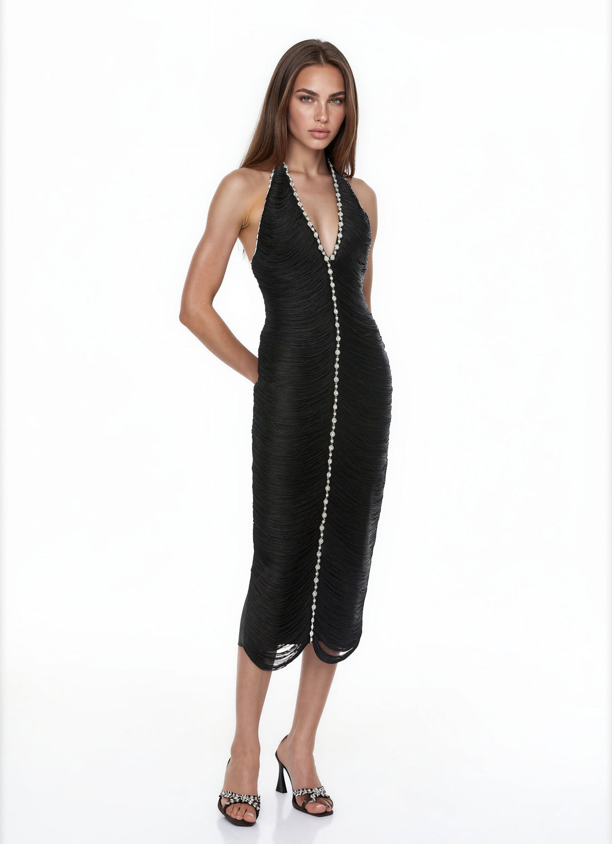 Gerlamaquo Black Halterneck Embellished Fringed Midi Dress