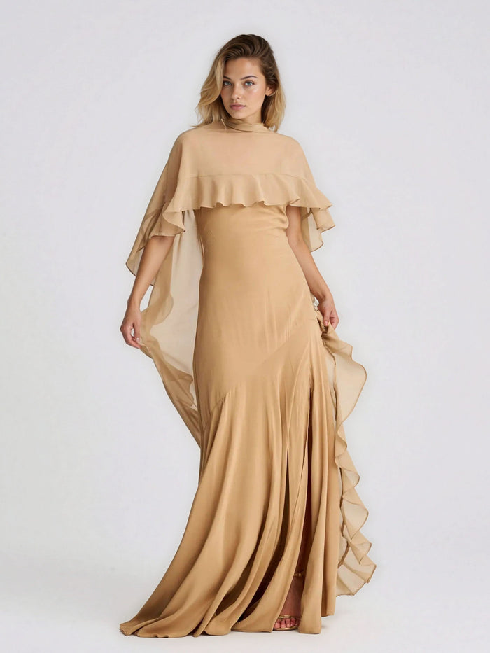 Voidsphere Champagne Satin Top & Skirt Set With Cape Detail