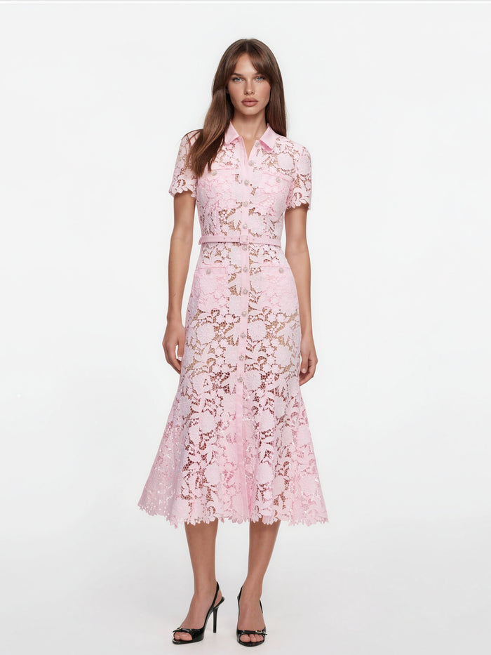 Aprowos Pink Floral Appliqué Lace Midi Dress