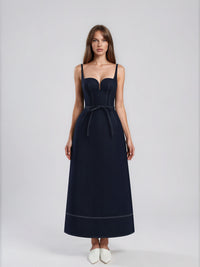 Champagne Bow Belted Denim Maxi Dress