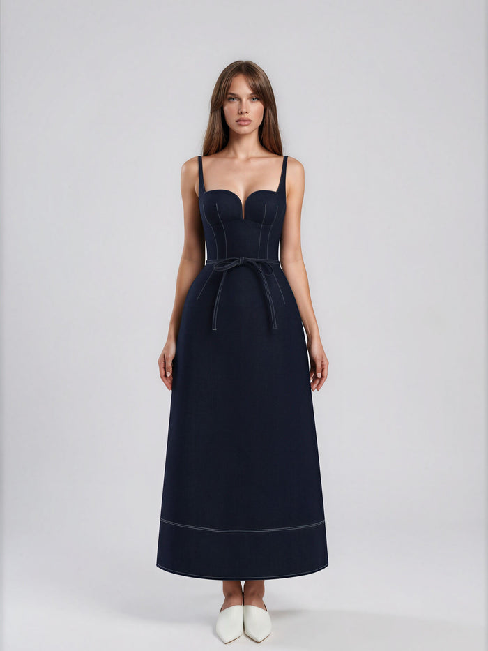 Champagne Bow Belted Denim Maxi Dress