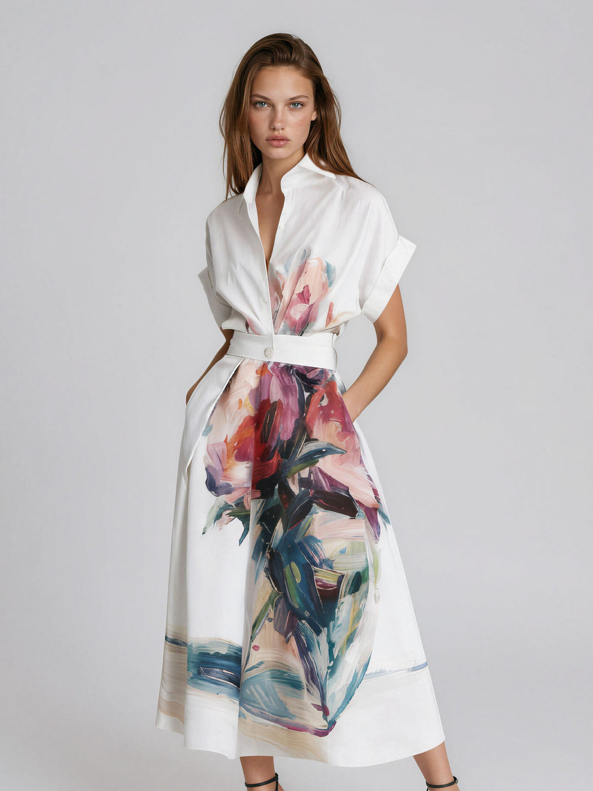 The Pacone Artistic Floral Print Polo Collar Shirt Dress