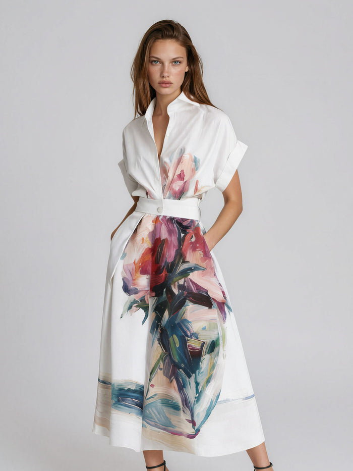 The Pacone Artistic Floral Print Polo Collar Shirt Dress