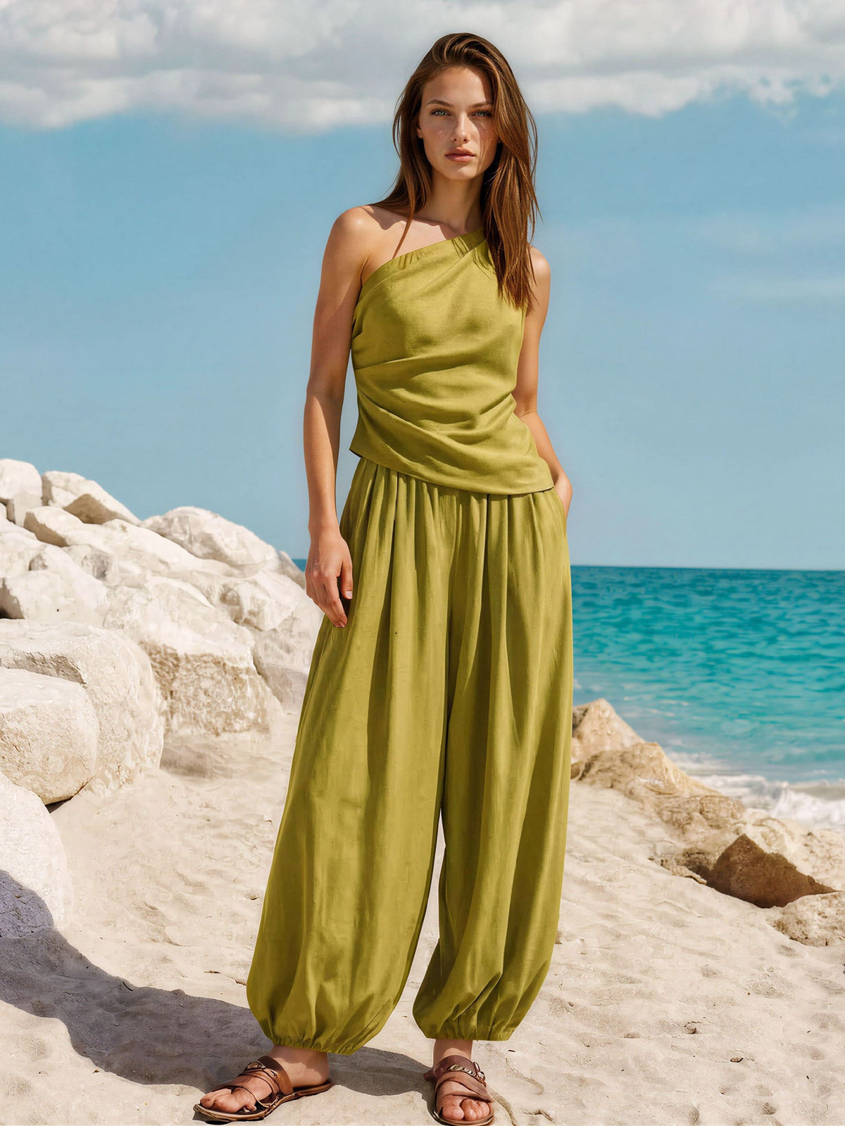 The Melesio One-Shoulder Top & Balloon Pants Set in Four Color