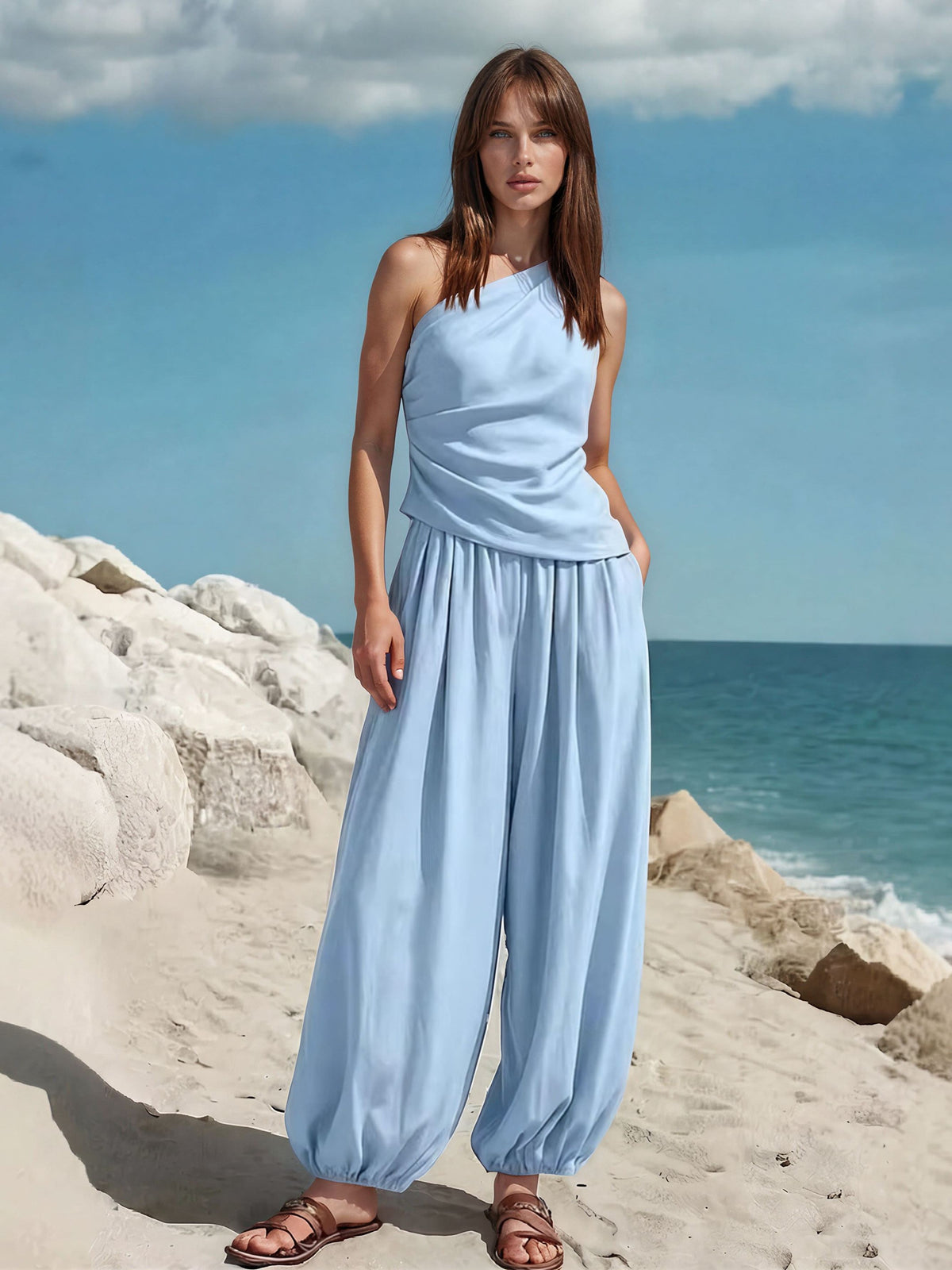 The Melesio One-Shoulder Top & Balloon Pants Set in Four Color
