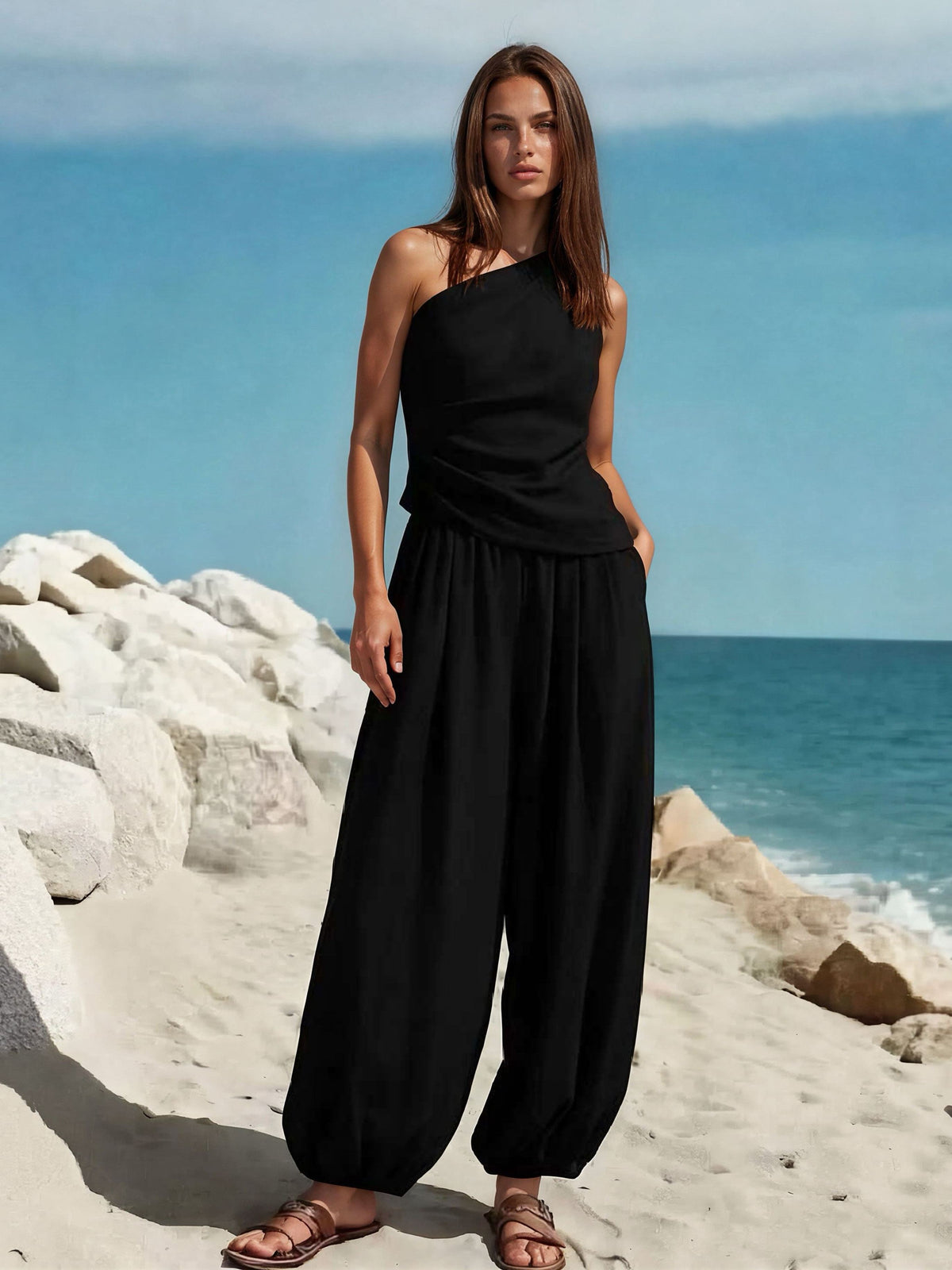 The Melesio One-Shoulder Top & Balloon Pants Set in Four Color