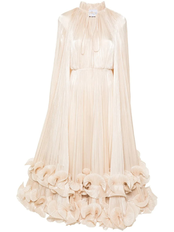 Gelsomina Neutral Cape Pleated Midi Dress