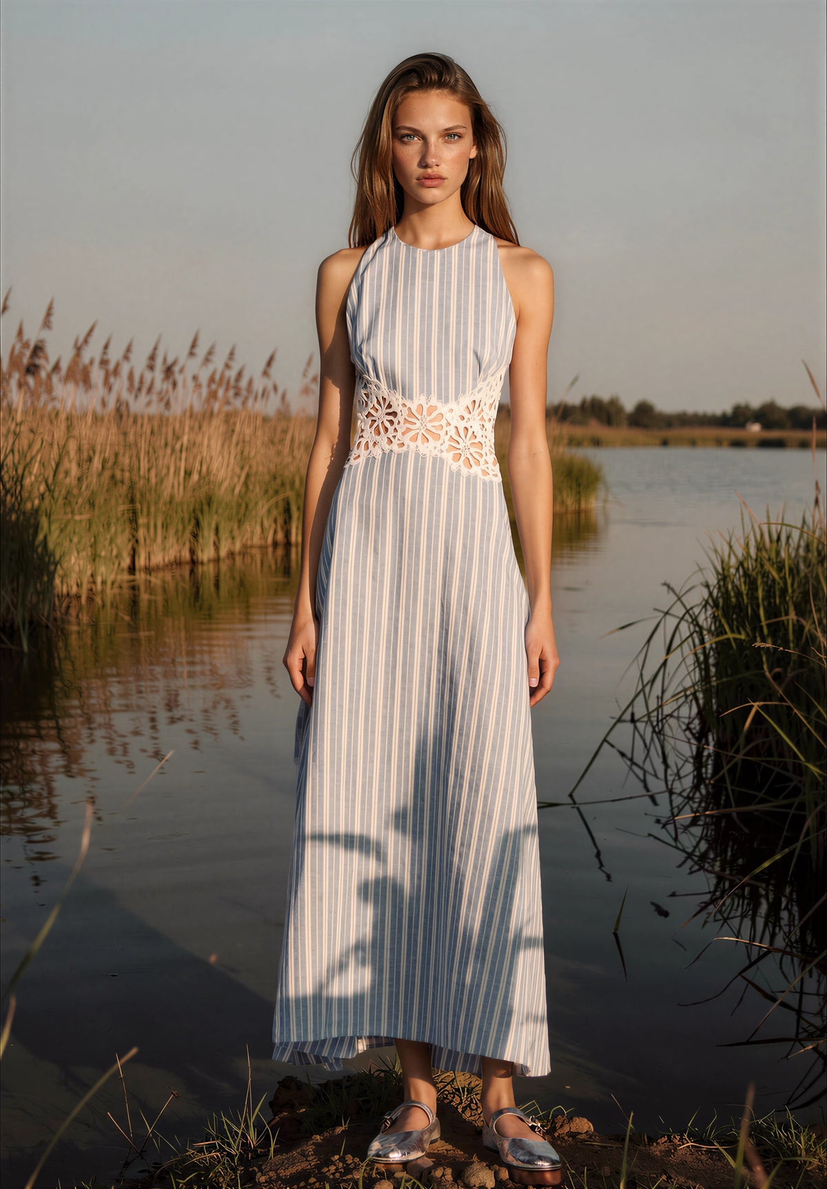 Roniay Sleeveless Stripe Cutout Maxi Dress