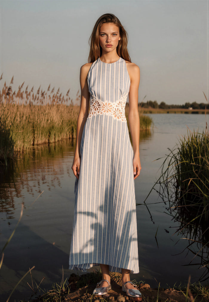Roniay Sleeveless Stripe Cutout Maxi Dress
