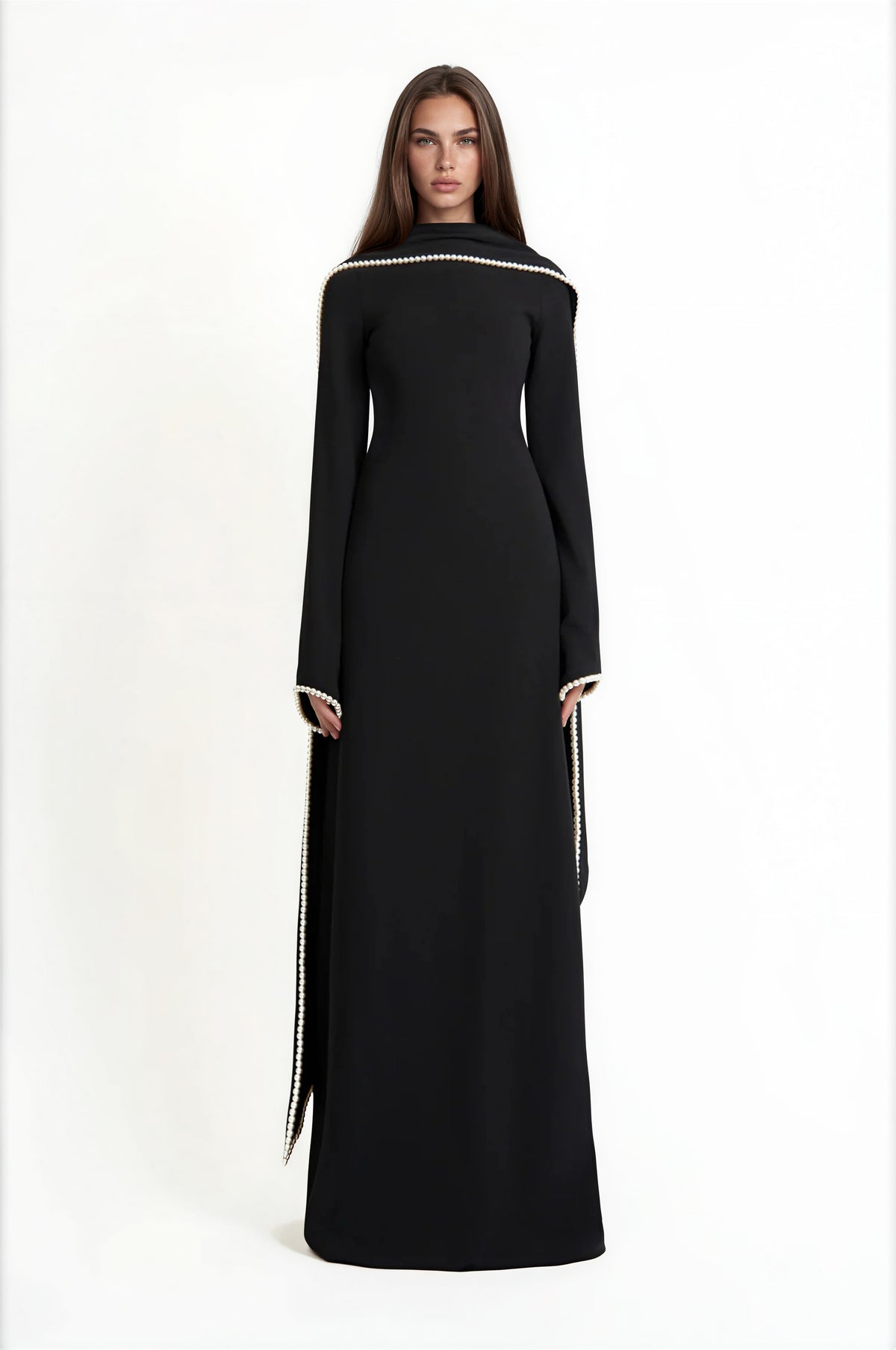Seraphina Black Pearl Trim Shawl Maxi Dress